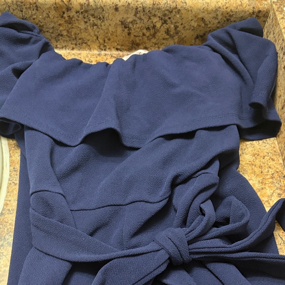 Navy Off-Shoulder romper with Tie Waist